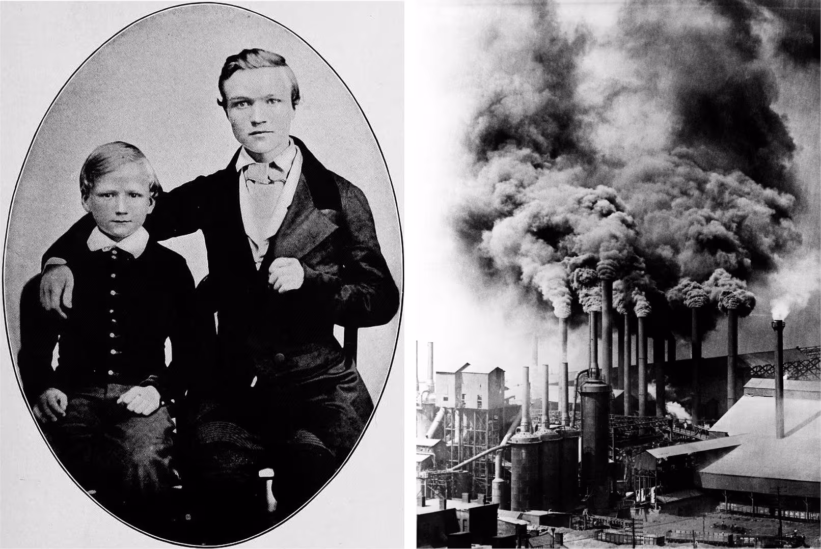 Left: teenage Andrew Carnegie and his younger brother. Right: Pittsburgh steel factories during the Glided Age.