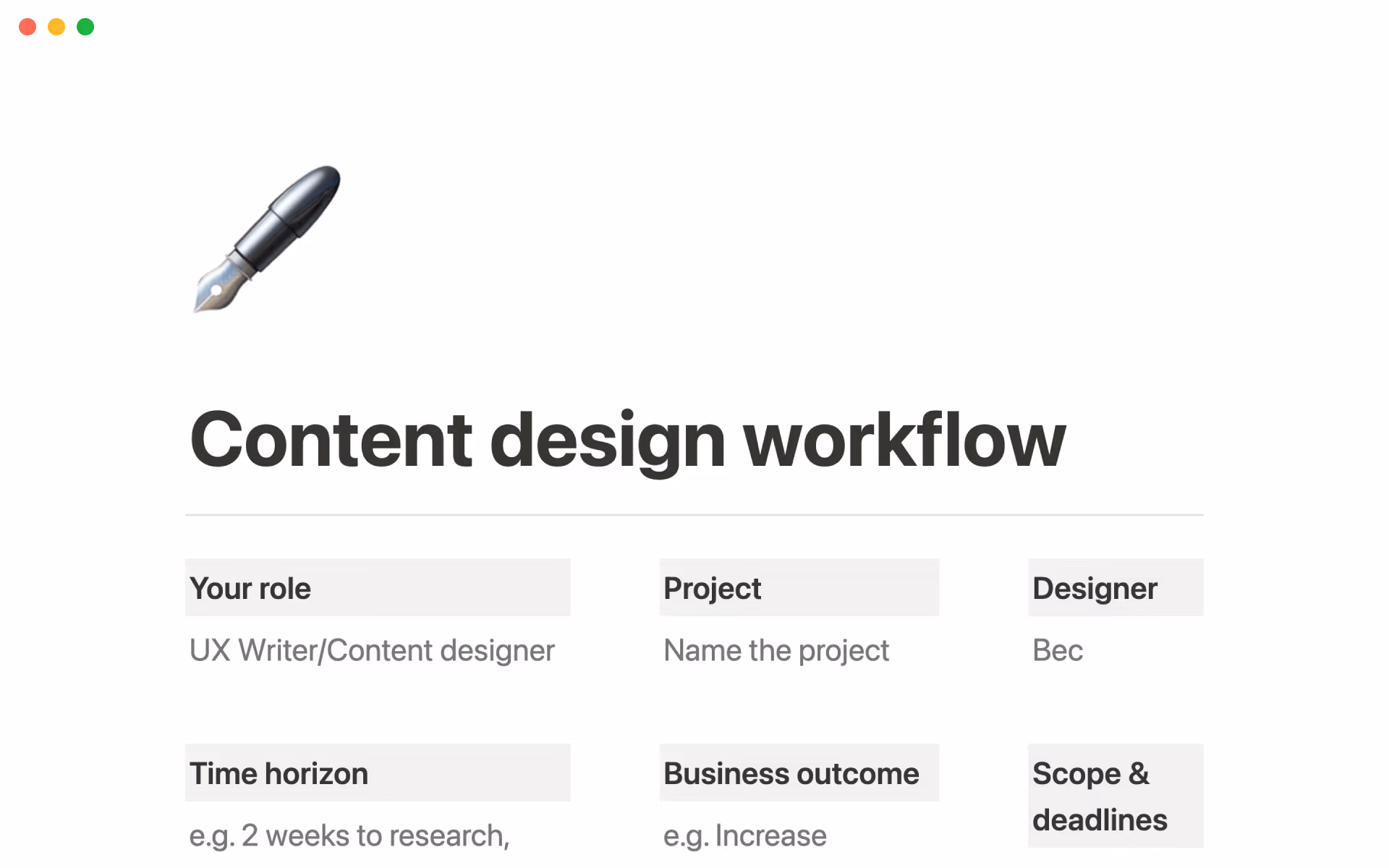 Content design workflow template