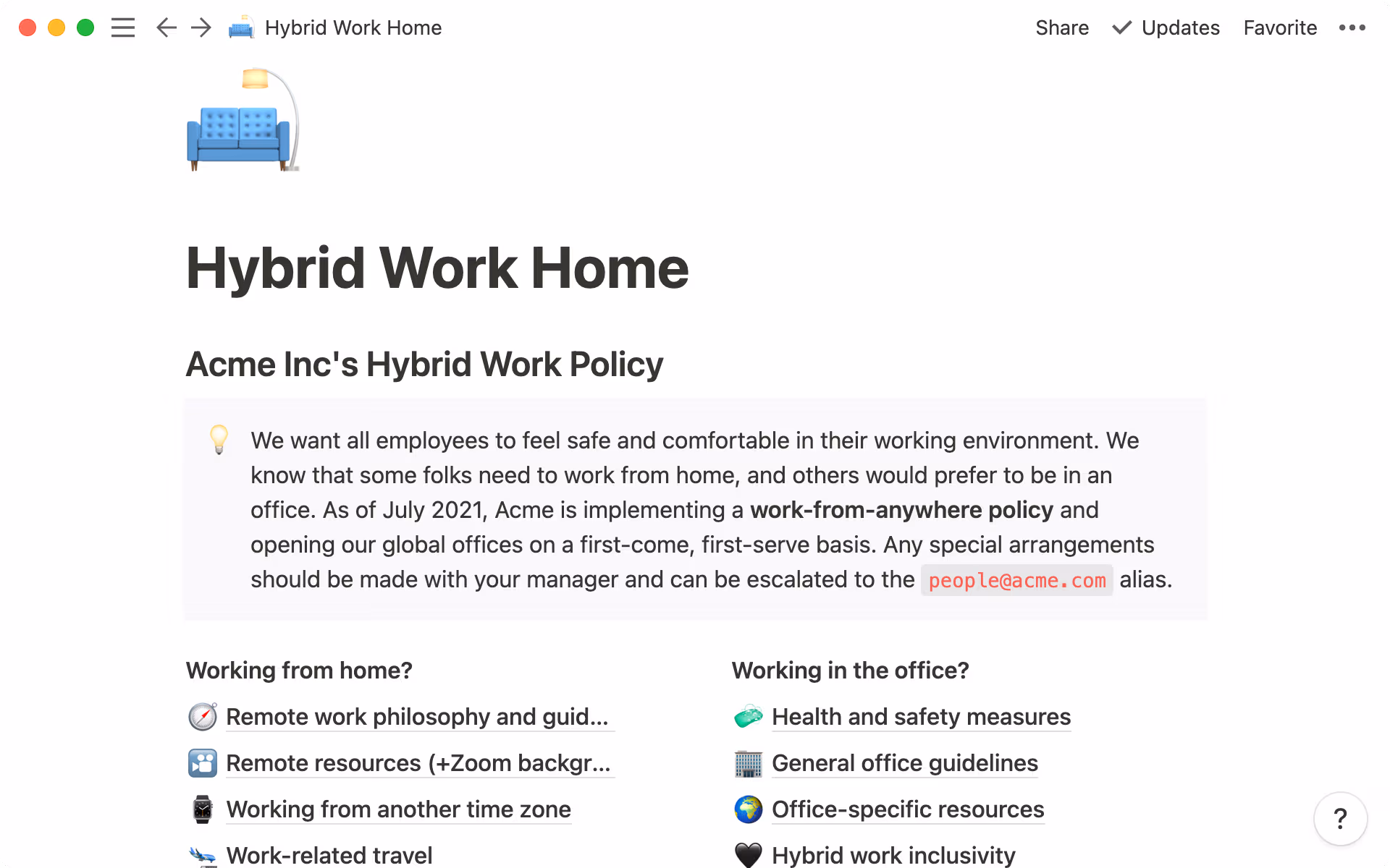 Create a hybrid work wiki to consolidate guidelines and resources for your team.