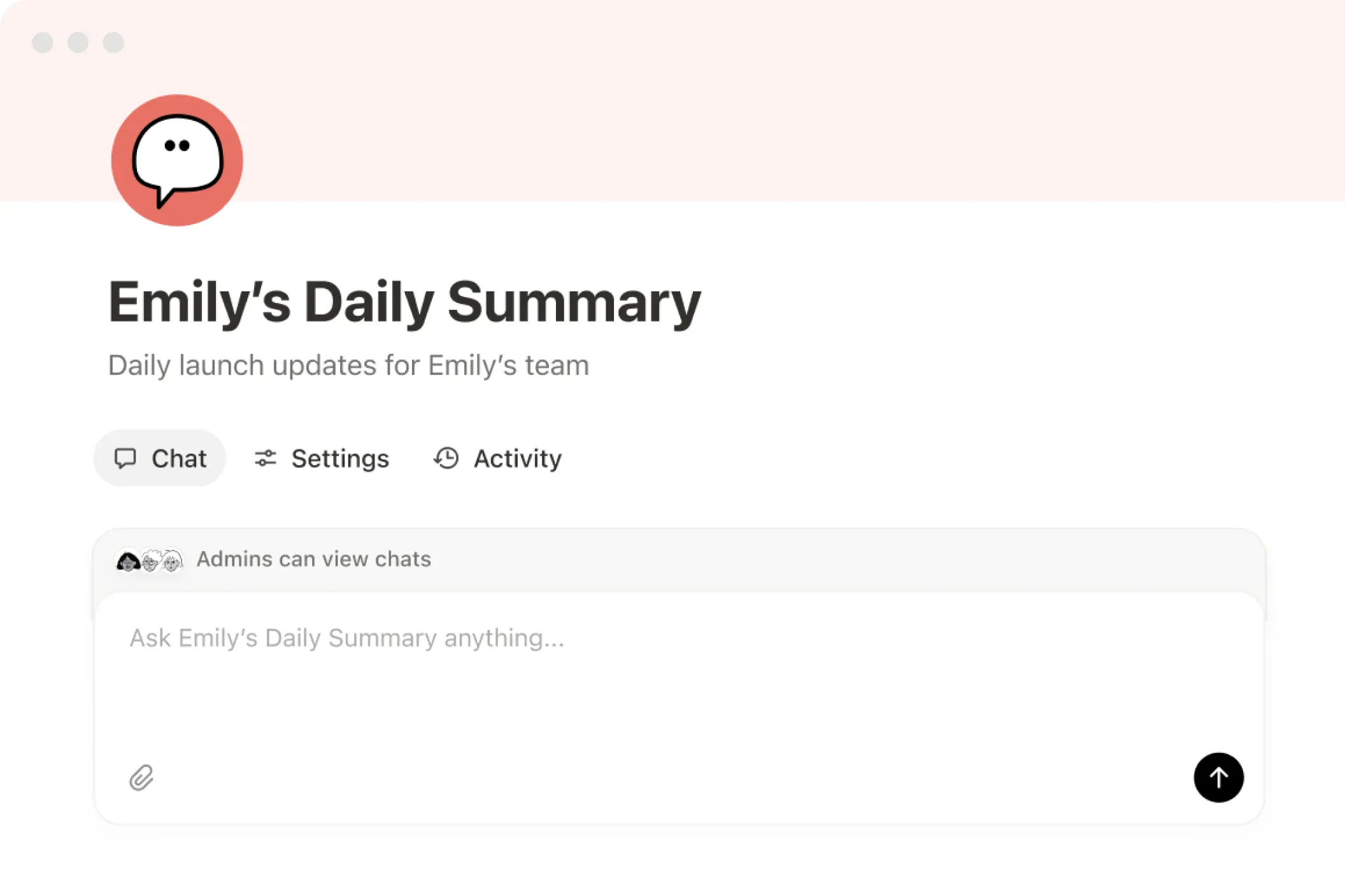 custom agent window for Emily's Daily Summary showing customization through chat, settings, and activity for that custom agent