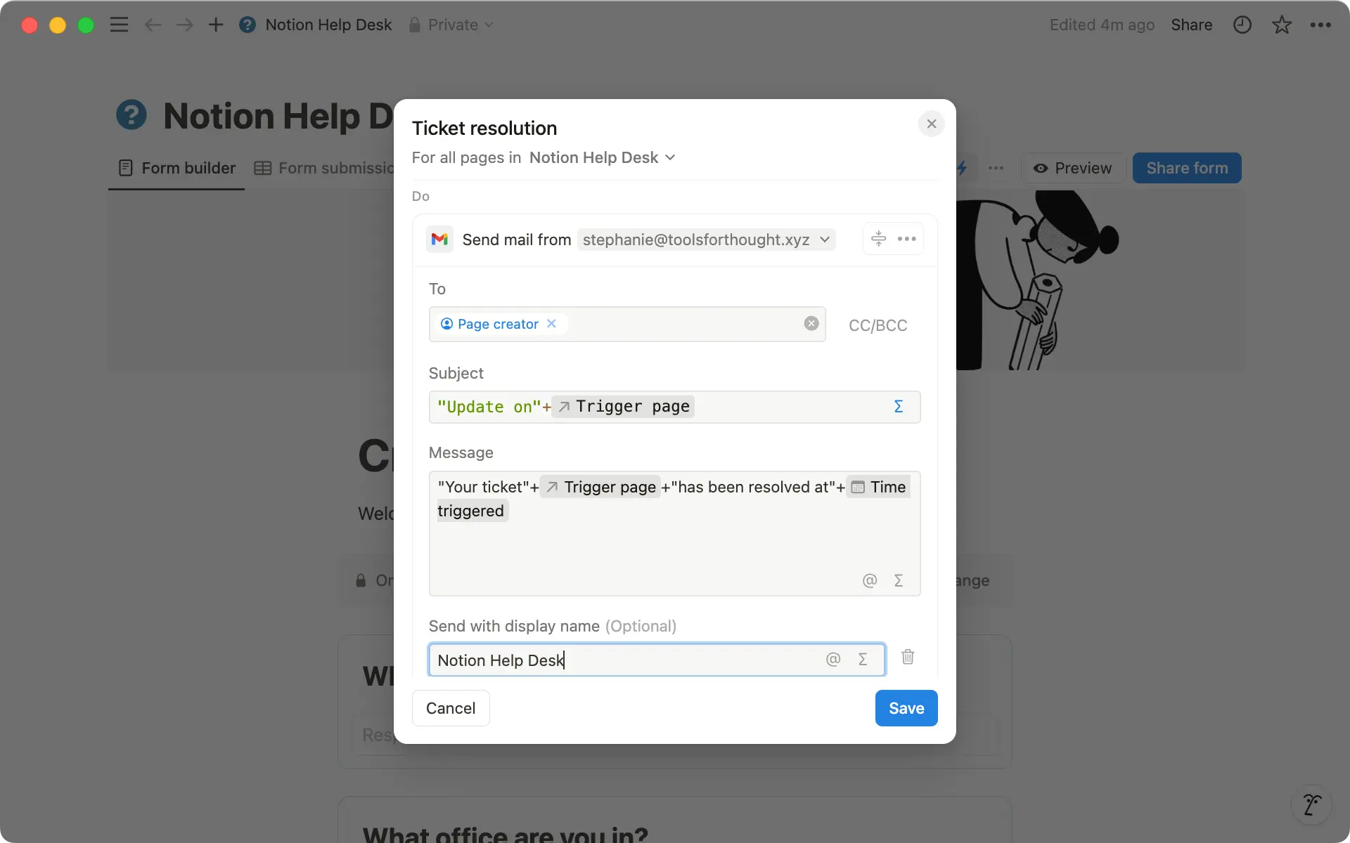 Customize the 'subject' and 'message' sections of your notification using formulas