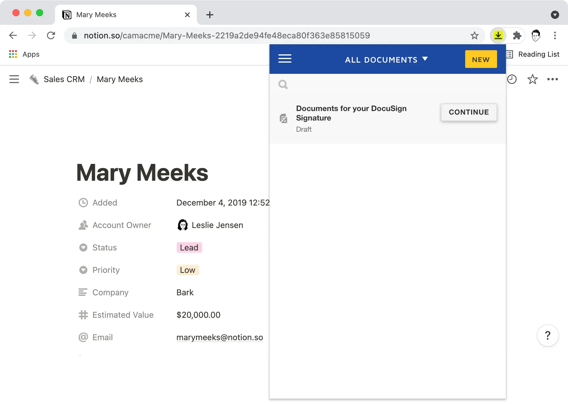 A Chrome window with a docusign extension.