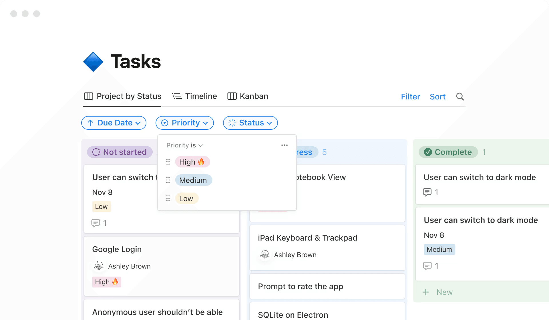 A task database in Notion, sorted by task priority