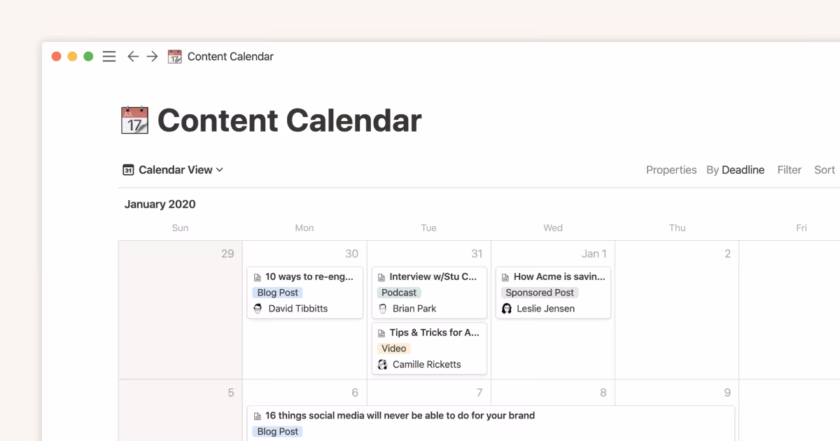 Calendar view databases